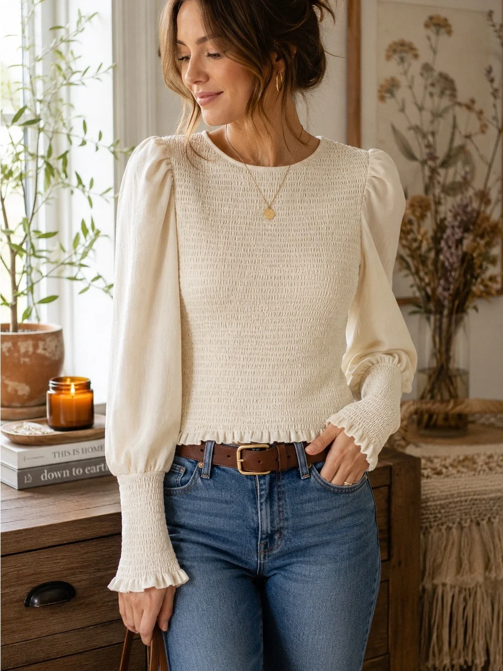 Anthropologie Smocked Long Sleeve Cream Ivory Puff Sleeve Stretch Top SZ L